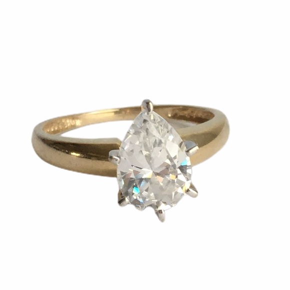 QVC Jewelry - 14K Gold Pear Solitaire Ring Faux Diamond CZ